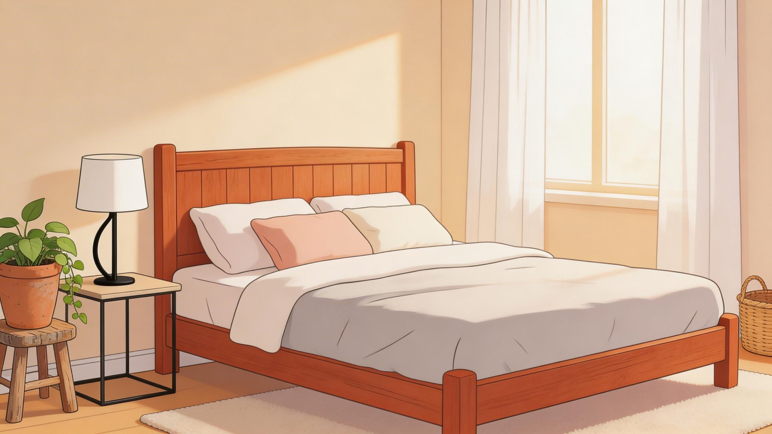 A cozy bedroom featuring a classic cherry wood bed frame with soft linens and a bedside table.