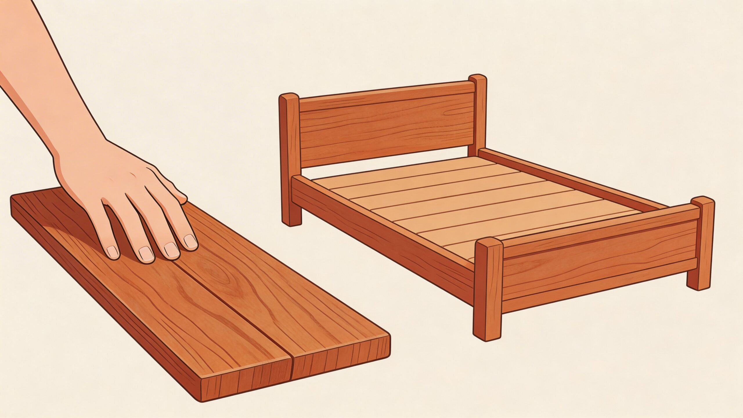 A hand rests on wooden boards next to a completed small wooden bed frame structure.
