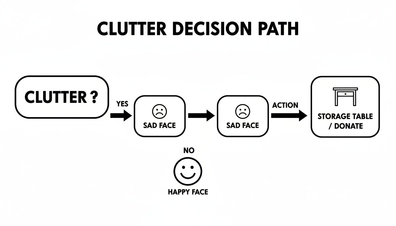 A simple flowchart showing a decision path for managing clutter, ending in storage or donation.