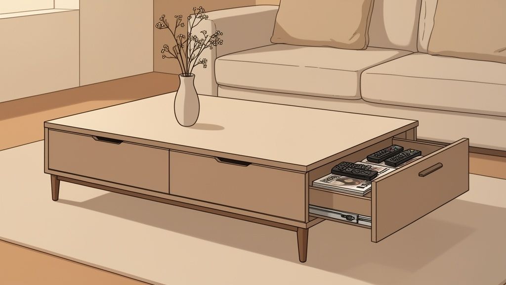 A stylish living room scene featuring a modern coffee table with an open drawer revealing remotes and magazines.