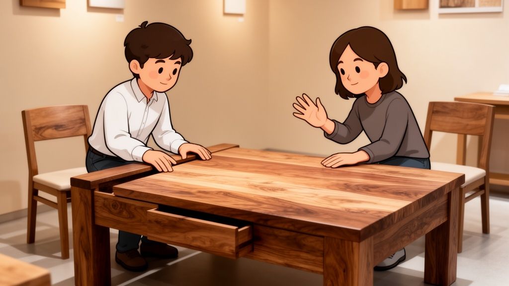 Two animated characters demonstrating a wooden coffee table with a functional pull-out storage drawer.