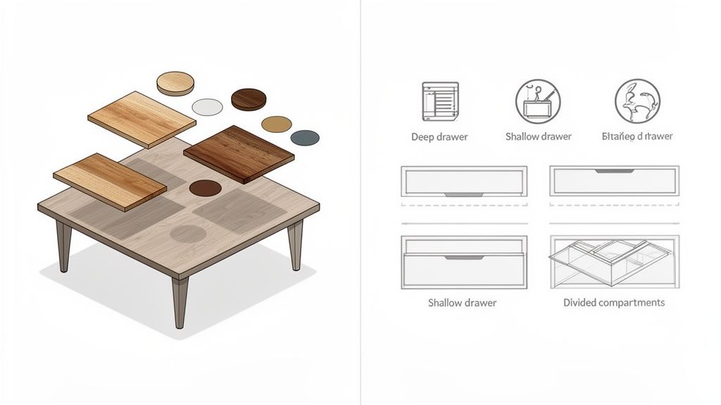 Isometric illustration of a customizable wooden coffee table with interchangeable top pieces and various drawer options.