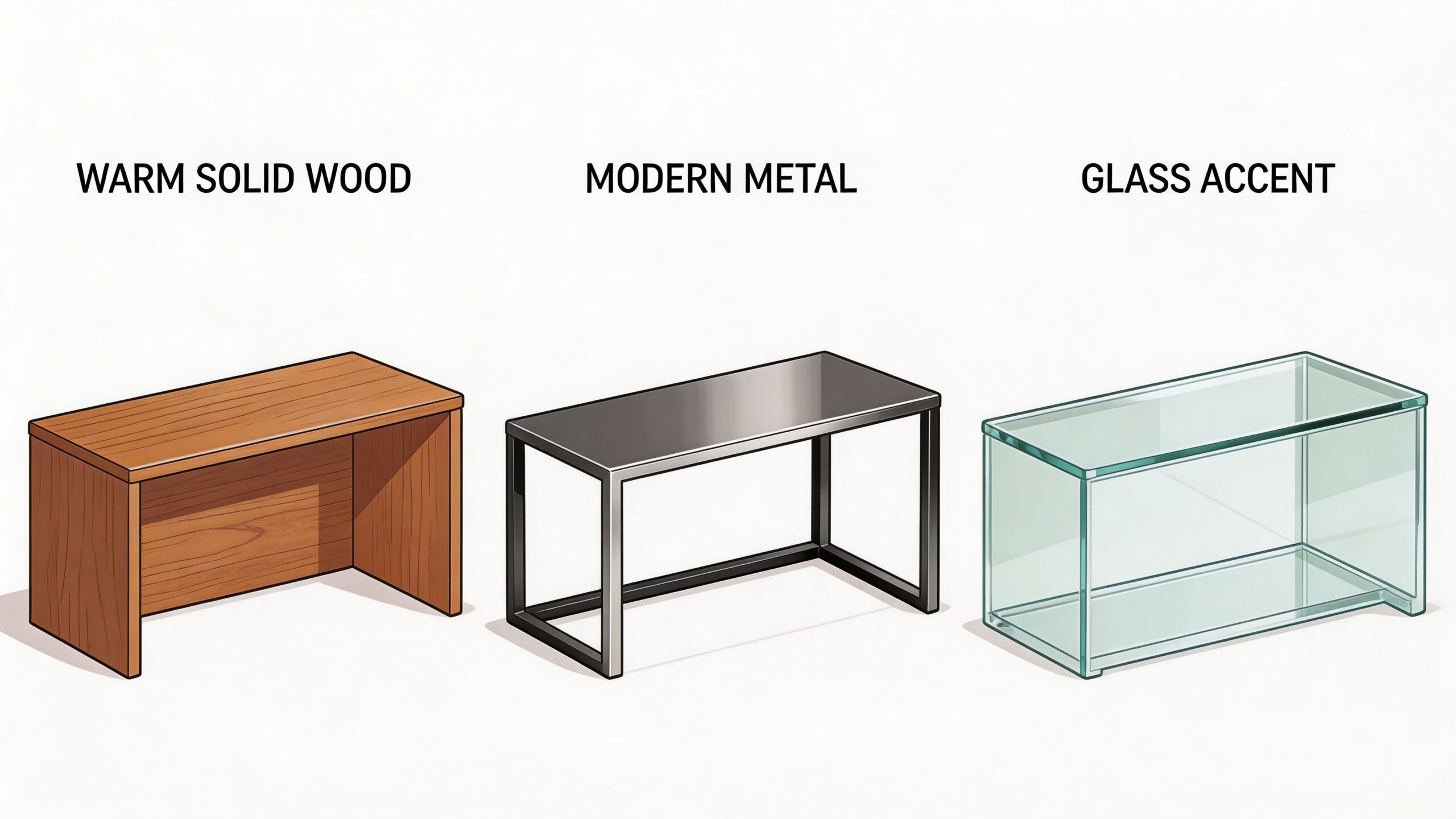 Three different styles of modern media console tables including solid wood, sleek metal, and transparent glass designs.
