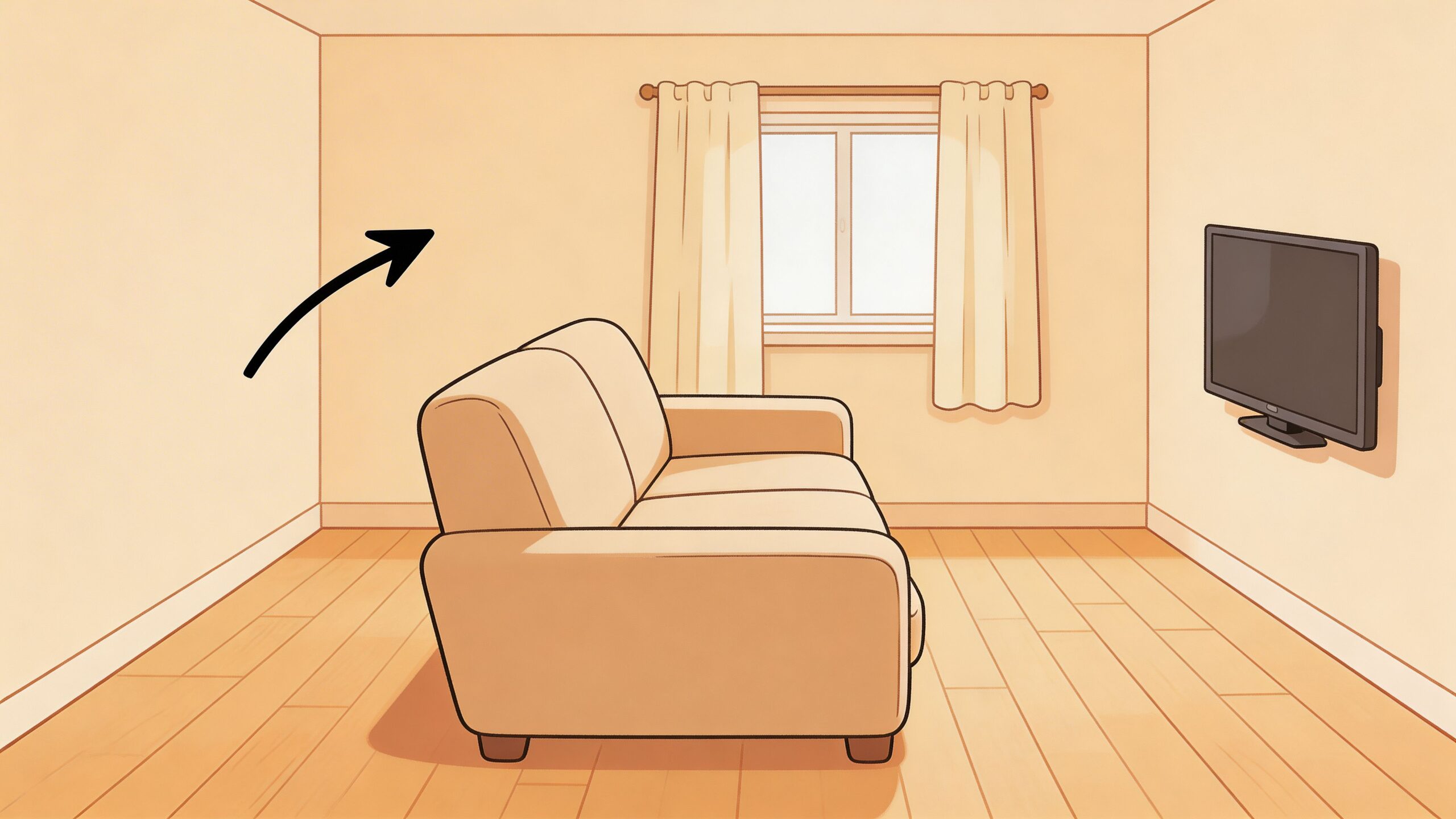 A minimalist illustration of a living room featuring a couch facing a wall-mounted television near a window.
