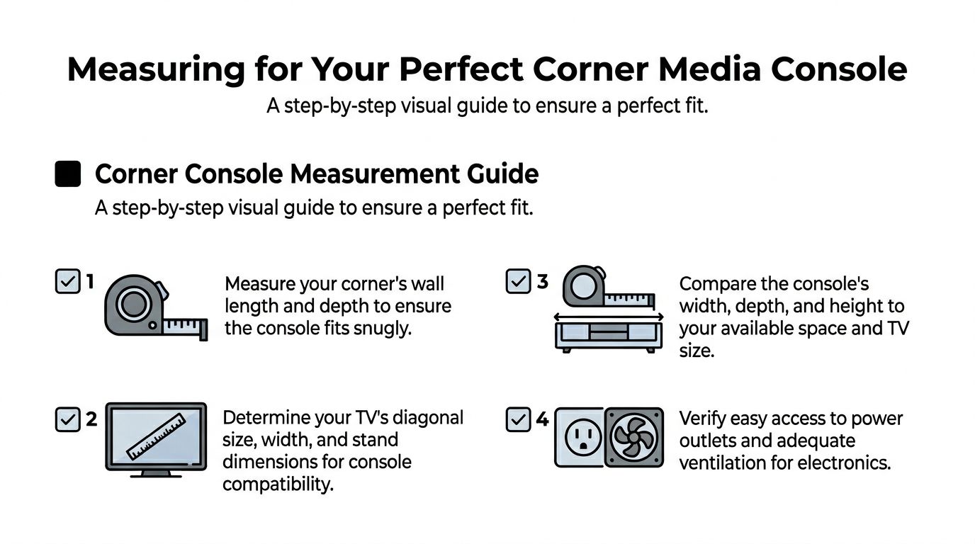 A four-step instructional infographic showing how to measure and select the perfect corner media console for home.