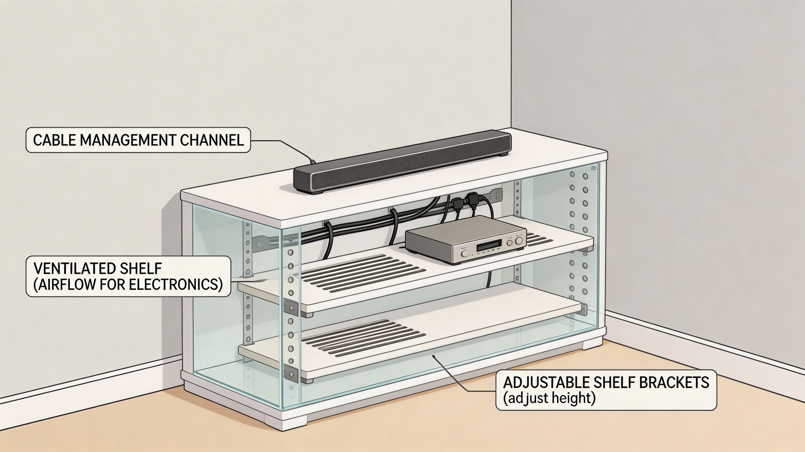 A modern white corner media console with glass sides, ventilated shelves, and built-in cable management features.