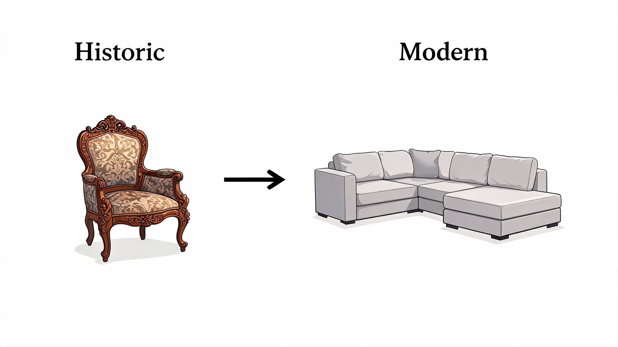A split image contrasting a vintage ornate armchair with a minimalist modern sectional corner sofa.