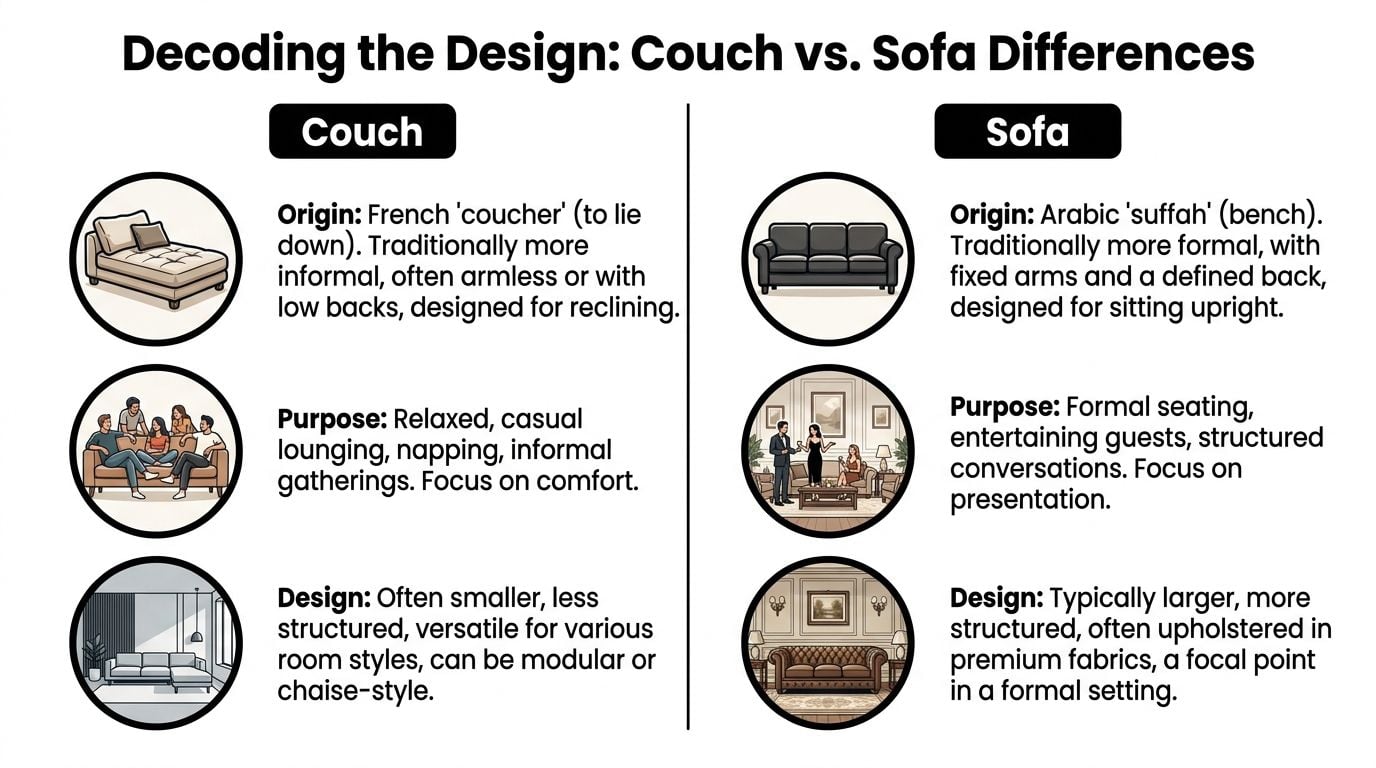 An infographic comparing the differences between a couch and a sofa including origins, purposes, and designs.