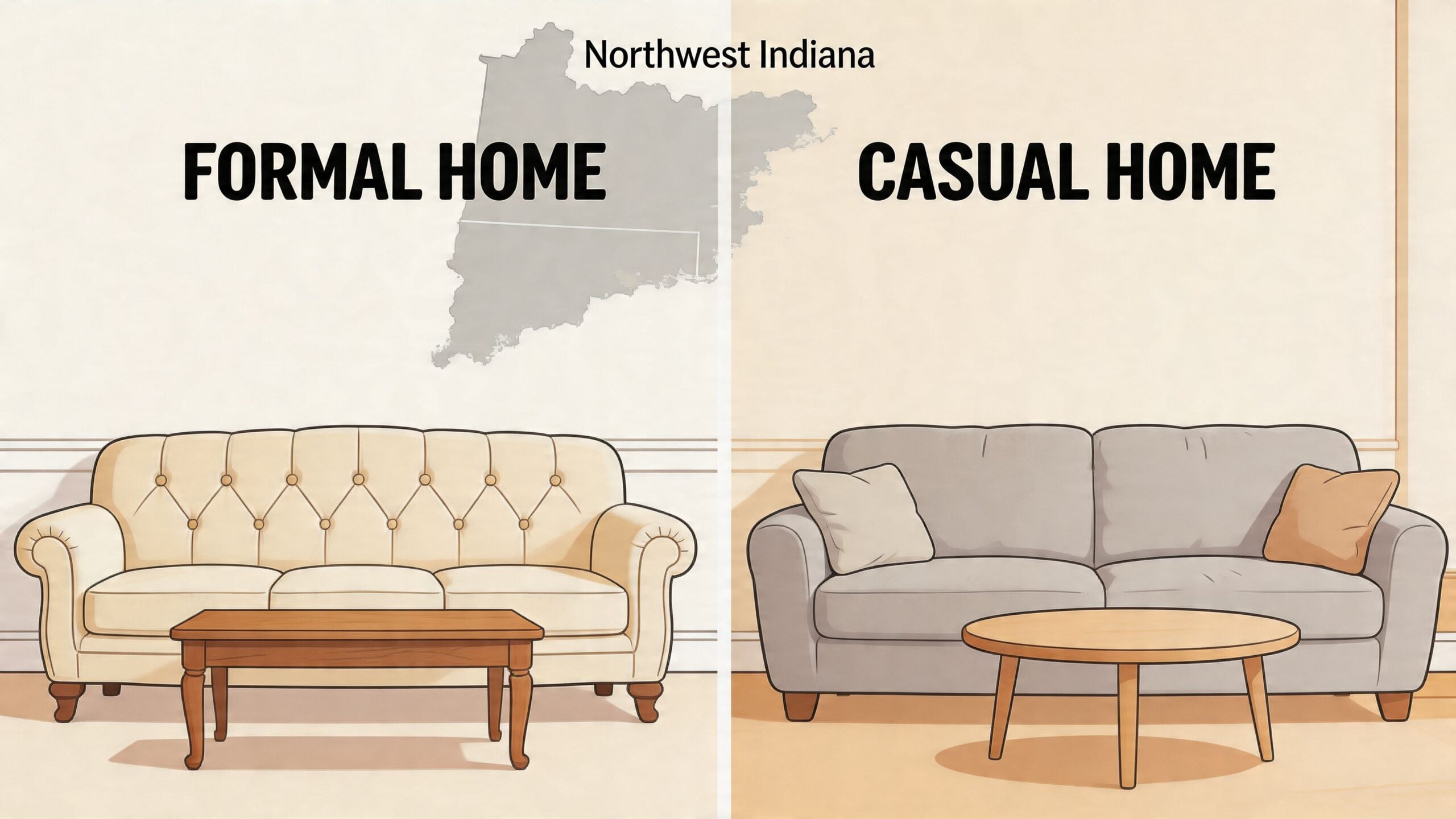 A split image comparing a formal tufted sofa with a rectangular table against a casual sofa with cushions.