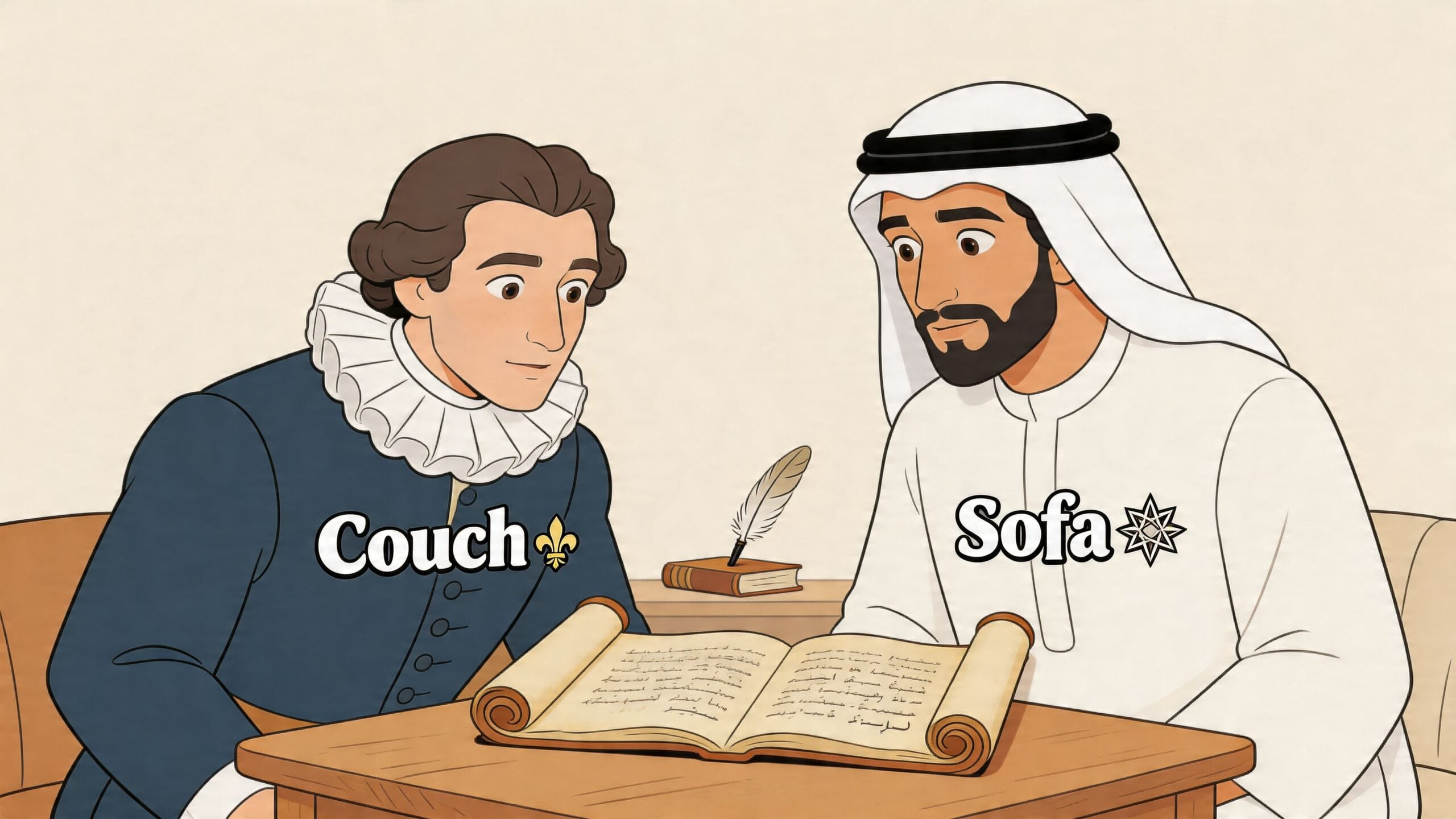 An illustration showing a historical European figure and an Arab man examining an ancient scroll together.
