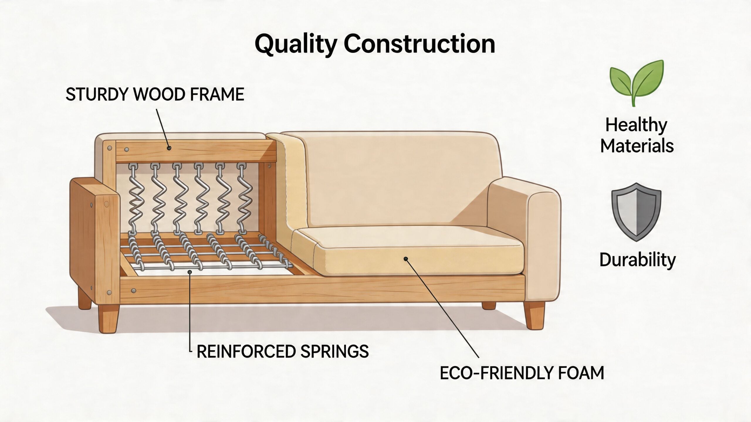 A cutaway view showing the internal construction of a sofa including wooden frame, springs, and foam.