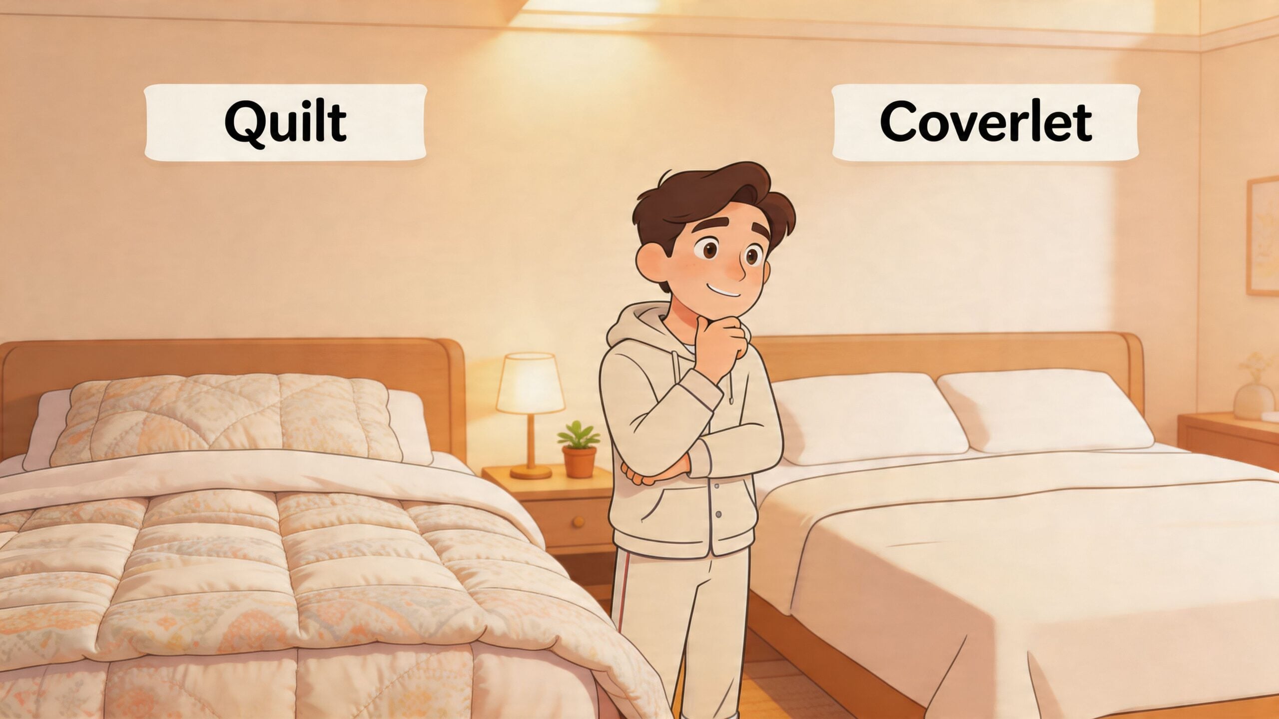 A cartoon boy standing between two beds comparing a patterned quilt to a plain white coverlet.