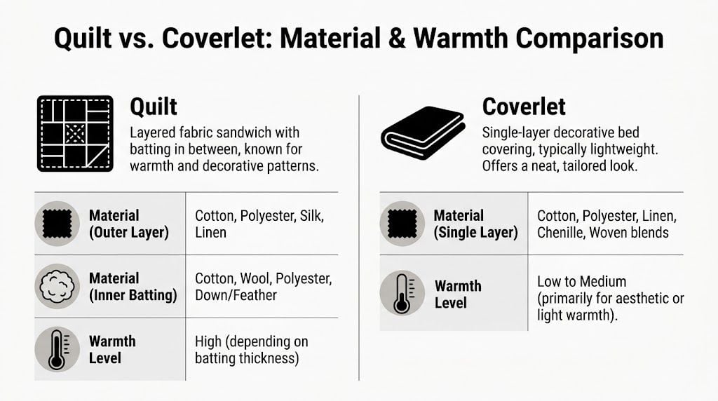 A comparison chart outlining the key material and warmth differences between a quilt and a coverlet.