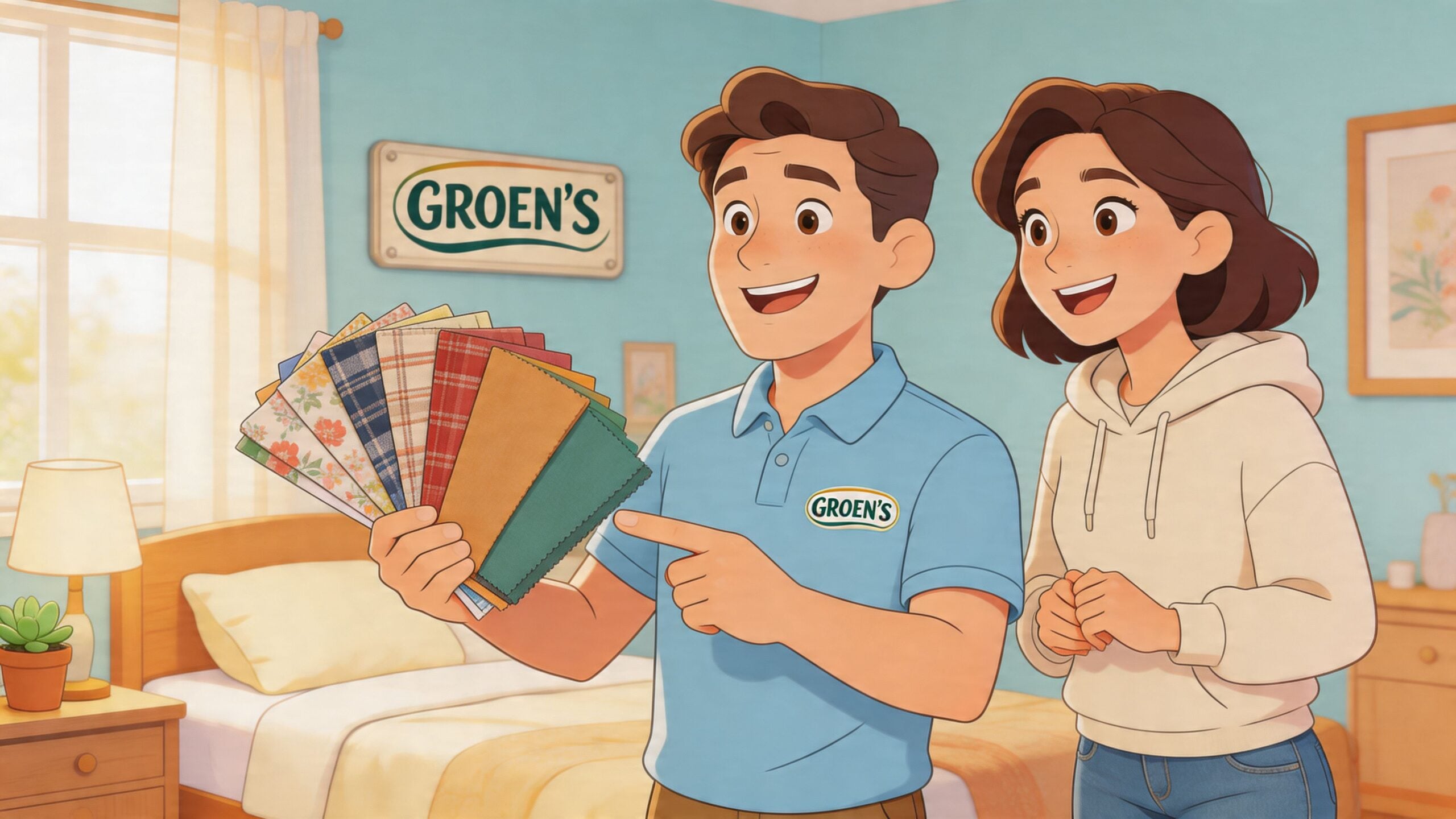 A professional interior designer showing fabric swatches to a customer in a bright, cozy bedroom setting.