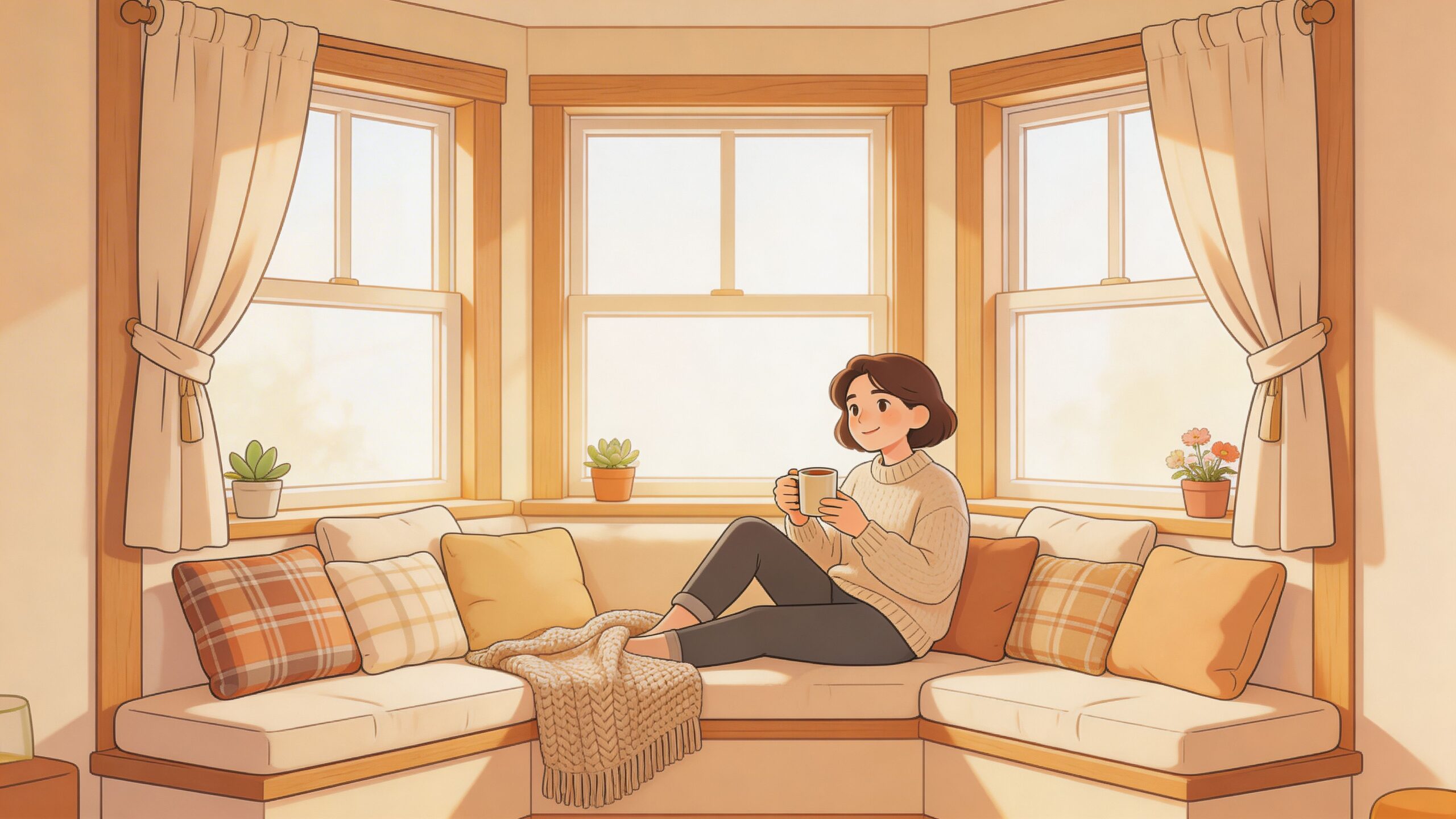 A cozy illustration of a woman relaxing with a warm mug on a window seat with curtains.