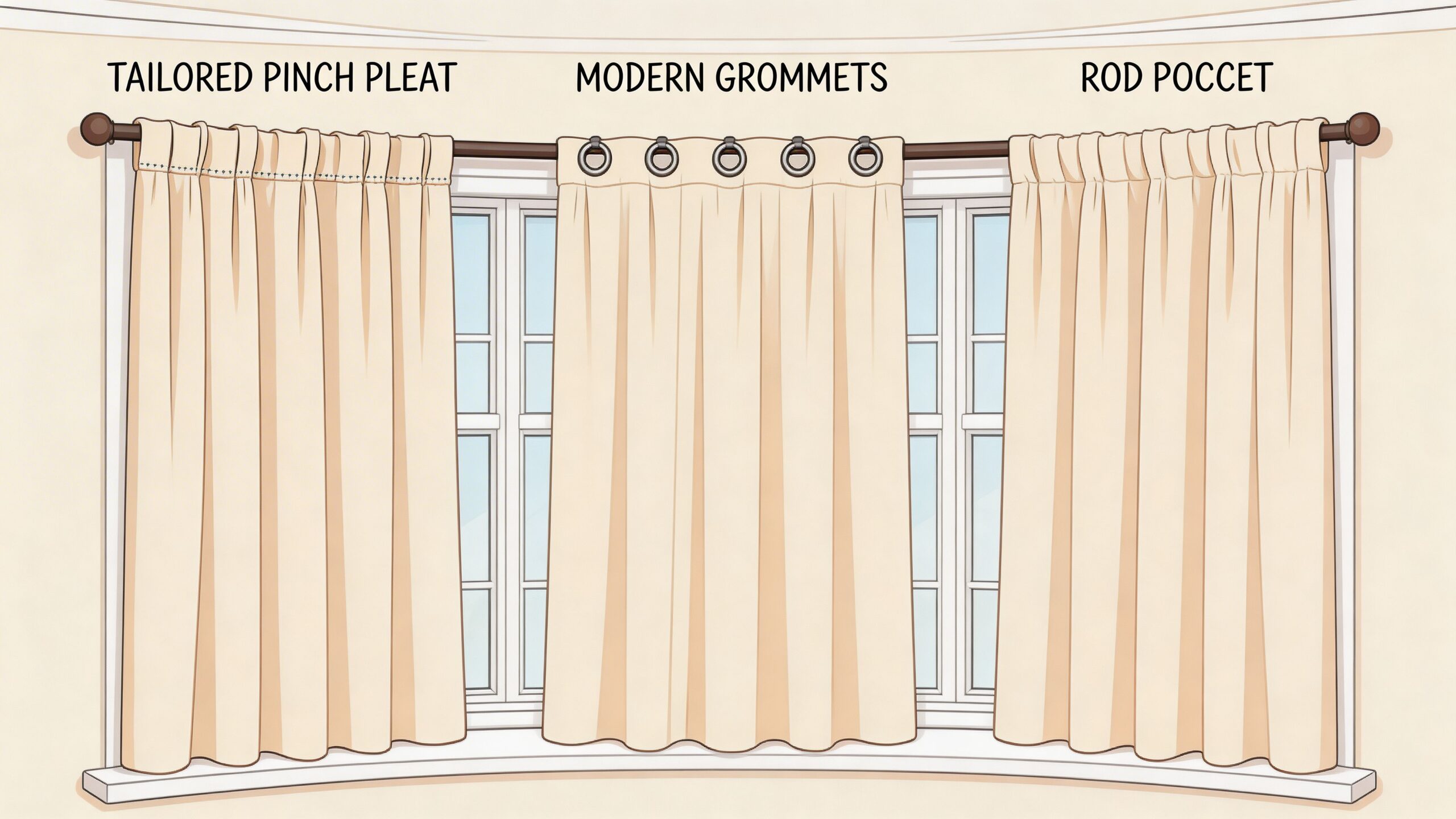 A diagram illustrating three different curtain header styles for bay windows including pinch pleat, grommets, and rod pocket.