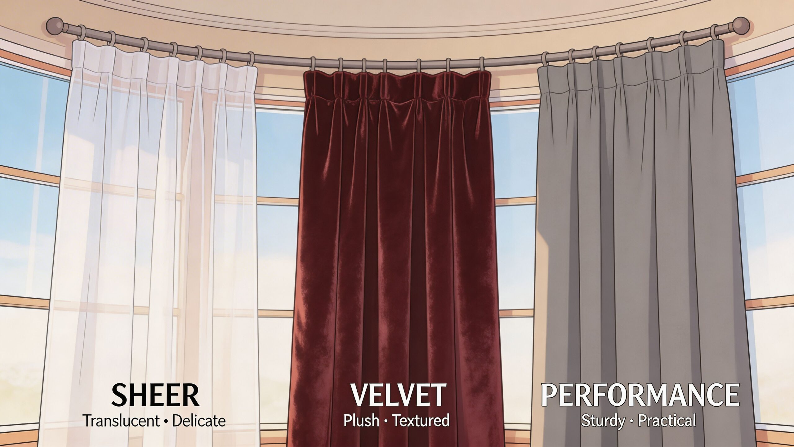 Three different types of curtains, sheer, velvet, and performance fabric, hanging on a curved rod for bay windows.