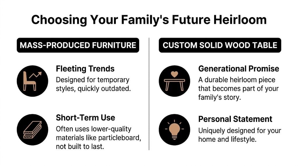 A comparison chart showing the differences between mass-produced furniture and a custom solid wood table.