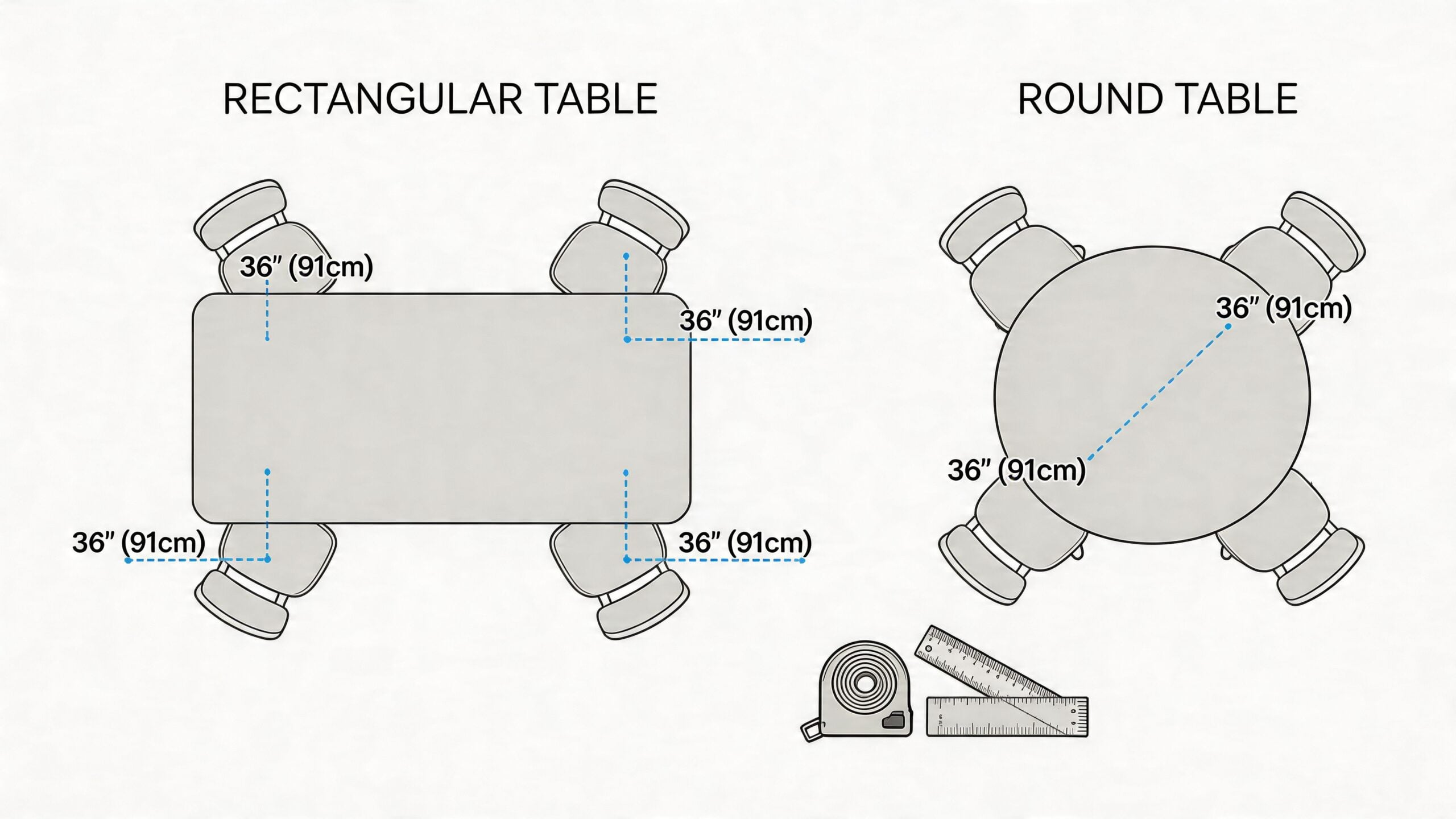 A diagram illustrating the recommended 36-inch clearance space around rectangular and round dining tables for accessibility.
