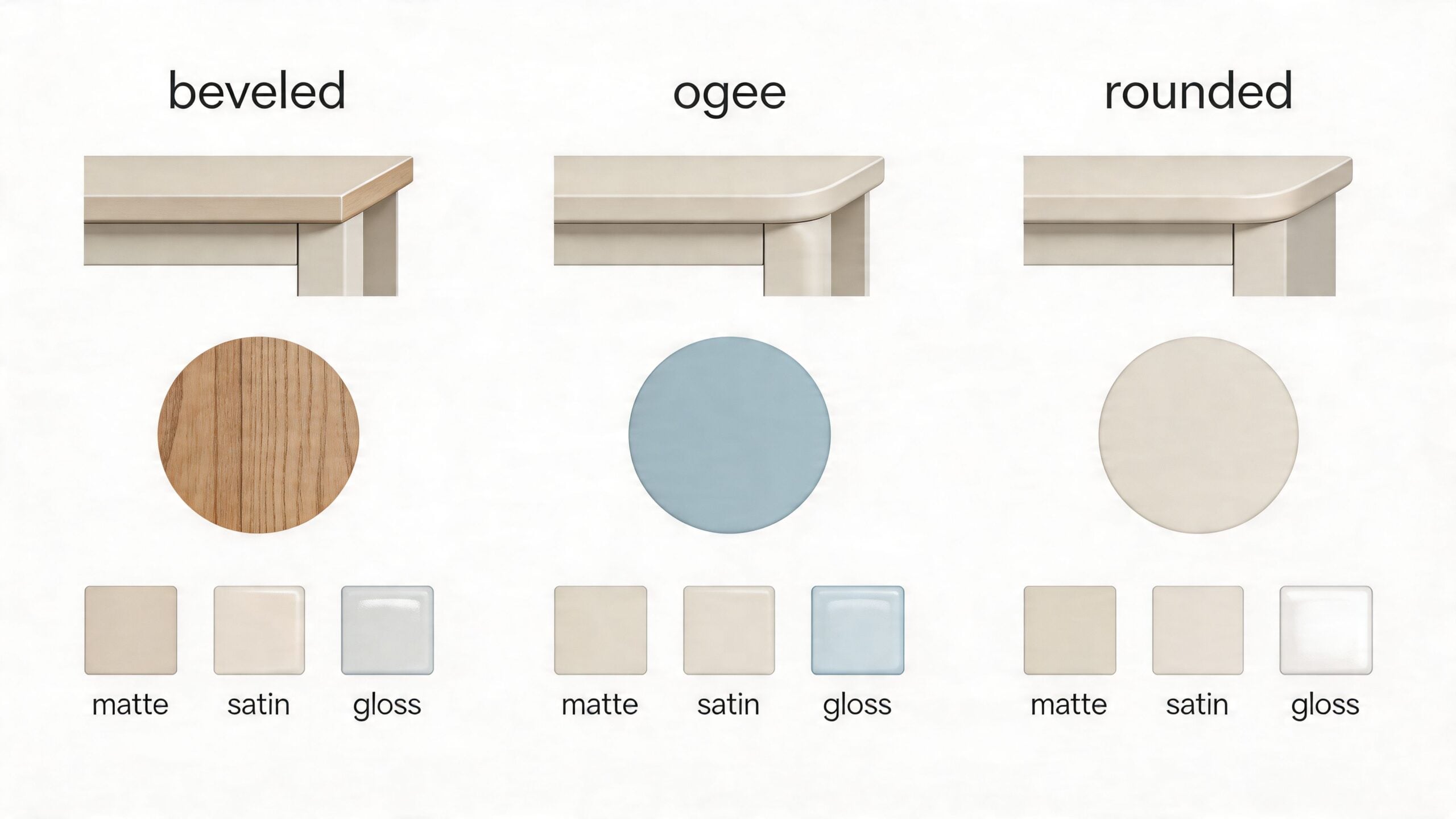 A visual guide comparing beveled, ogee, and rounded table edges with corresponding matte, satin, and gloss finish options.