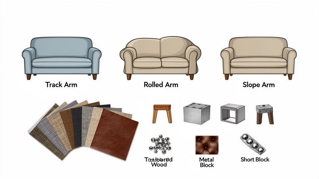 Illustration showing different sofa arm styles, fabric swatches, furniture legs, and upholstery details.