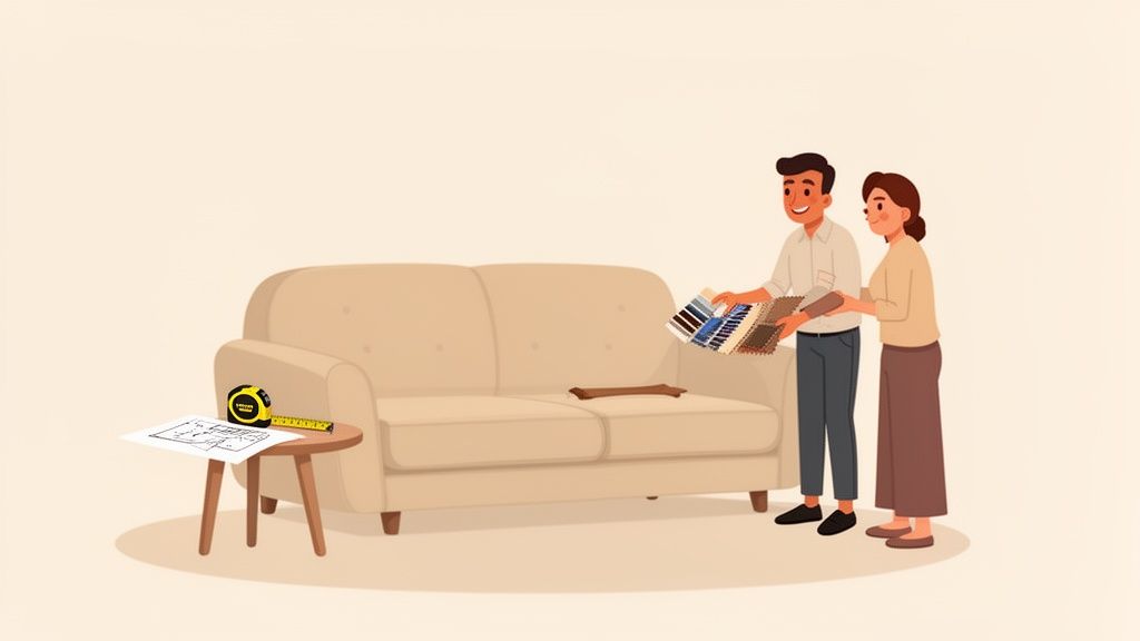Couple designing their sofa, holding fabric swatches with a floor plan and tape measure.