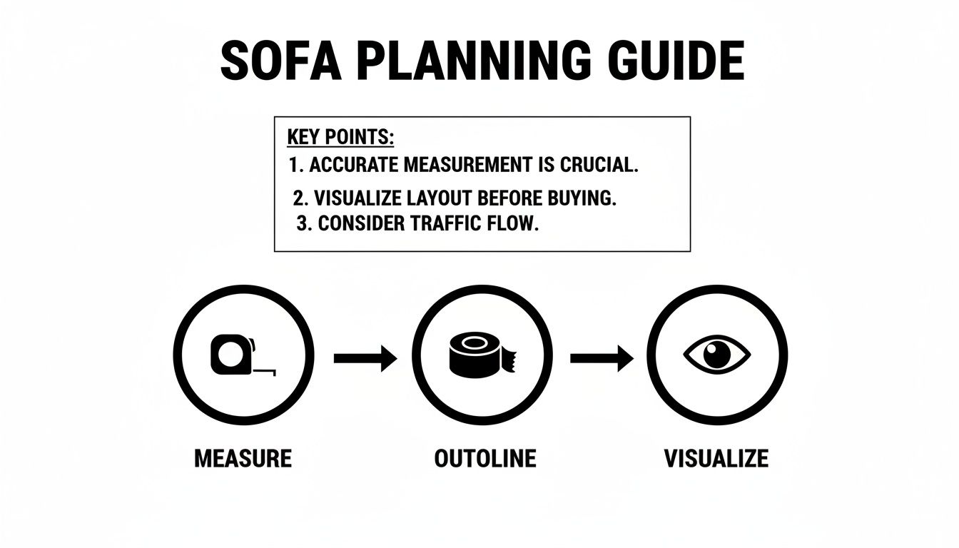 Sofa planning guide illustrating steps to measure, outline, and visualize for furniture placement.