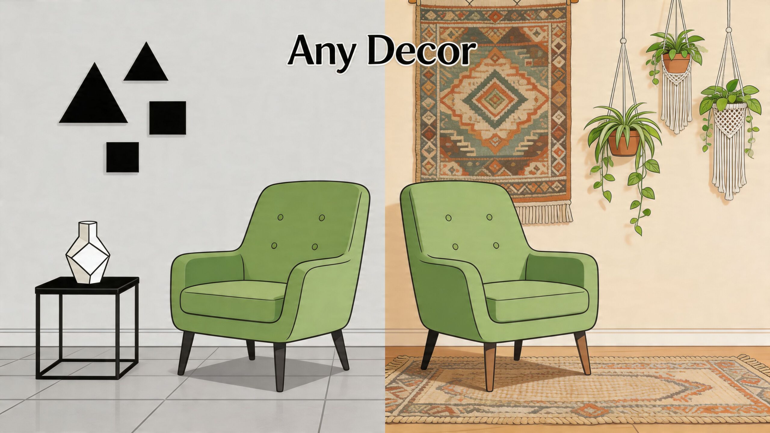 Split view showcasing two interior design styles featuring green accent chairs with different wall and floor decor.