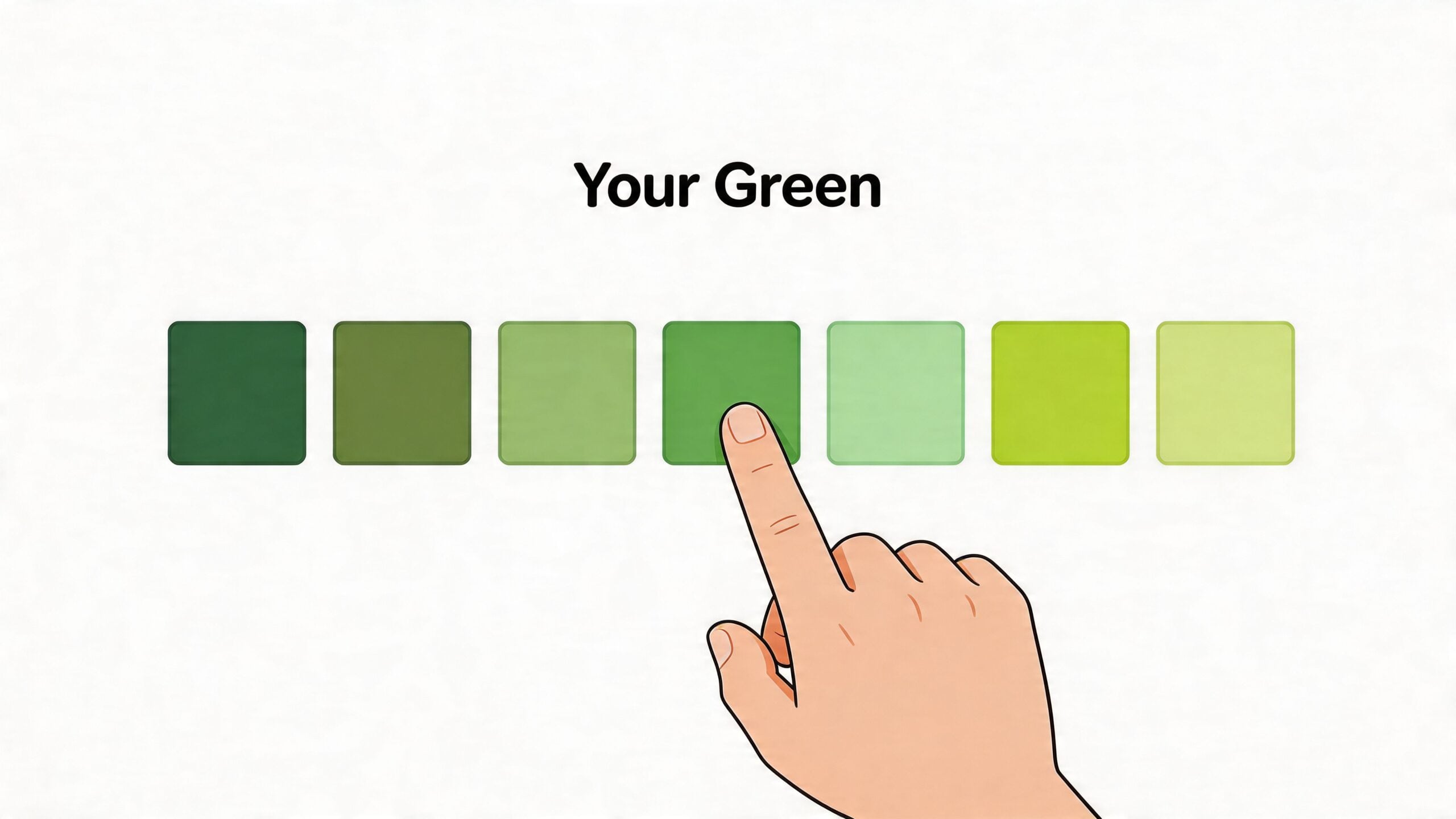 A hand selecting a shade of green from a horizontal palette of seven different green color swatches.
