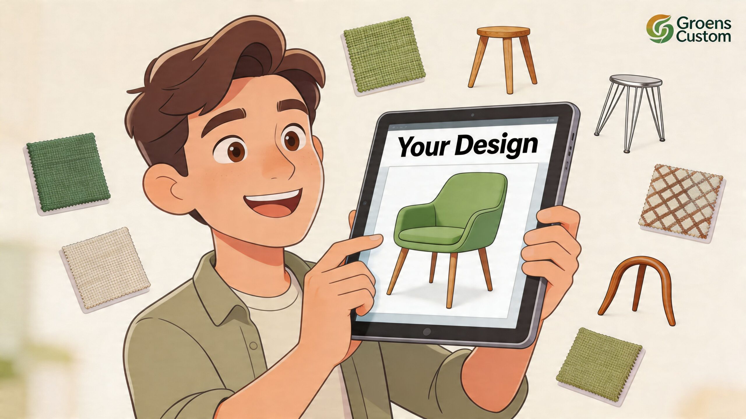 A friendly cartoon man holding a tablet displaying a green chair design surrounded by fabric samples and furniture.