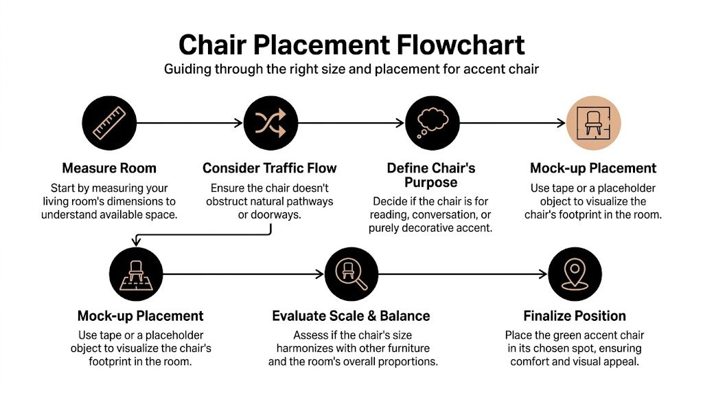 A flowchart guide illustrating six steps for choosing and placing a green accent chair in living rooms.
