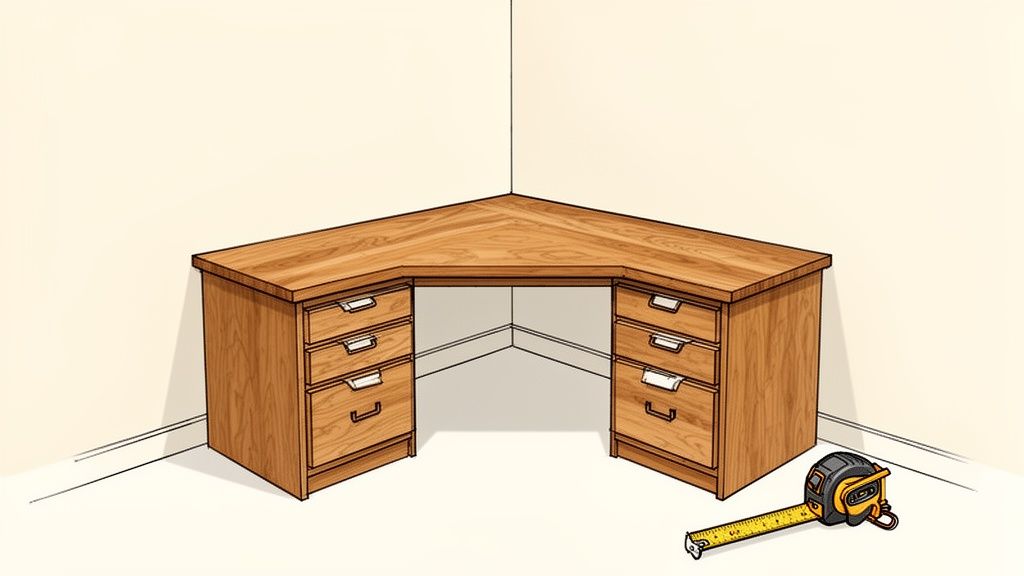 An empty wooden corner desk with three drawers on each side, a measuring tape lies on the floor.