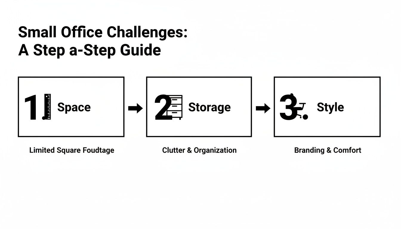 A step-by-step guide on challenges of furnishing a small office covering space, storage, and style.