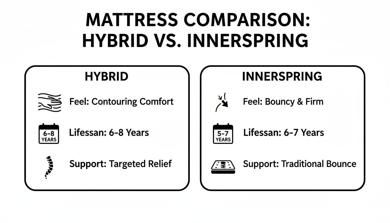 Comparison chart detailing the features of Hybrid vs. Innerspring mattresses, including feel, lifespan, and support.