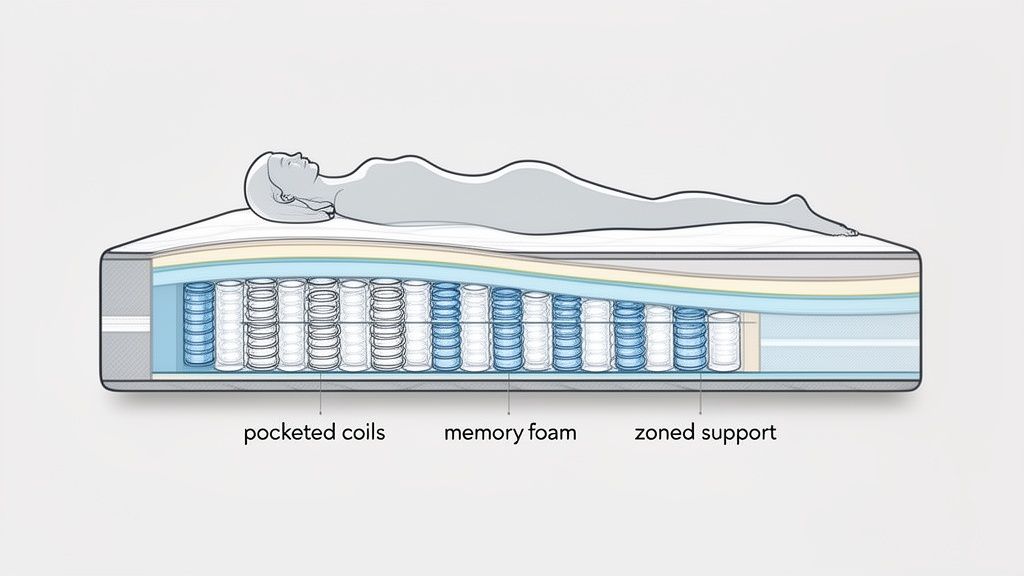 Cross-section of a hybrid mattress showing a person, pocketed coils, memory foam, and zoned support layers.