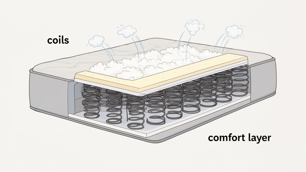 Cutaway view of a hybrid mattress showing its internal coils, comfort layer, and breathability.