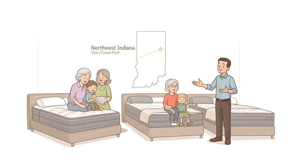 A family, including seniors and children, with a salesman in a mattress showroom in Northwest Indiana.