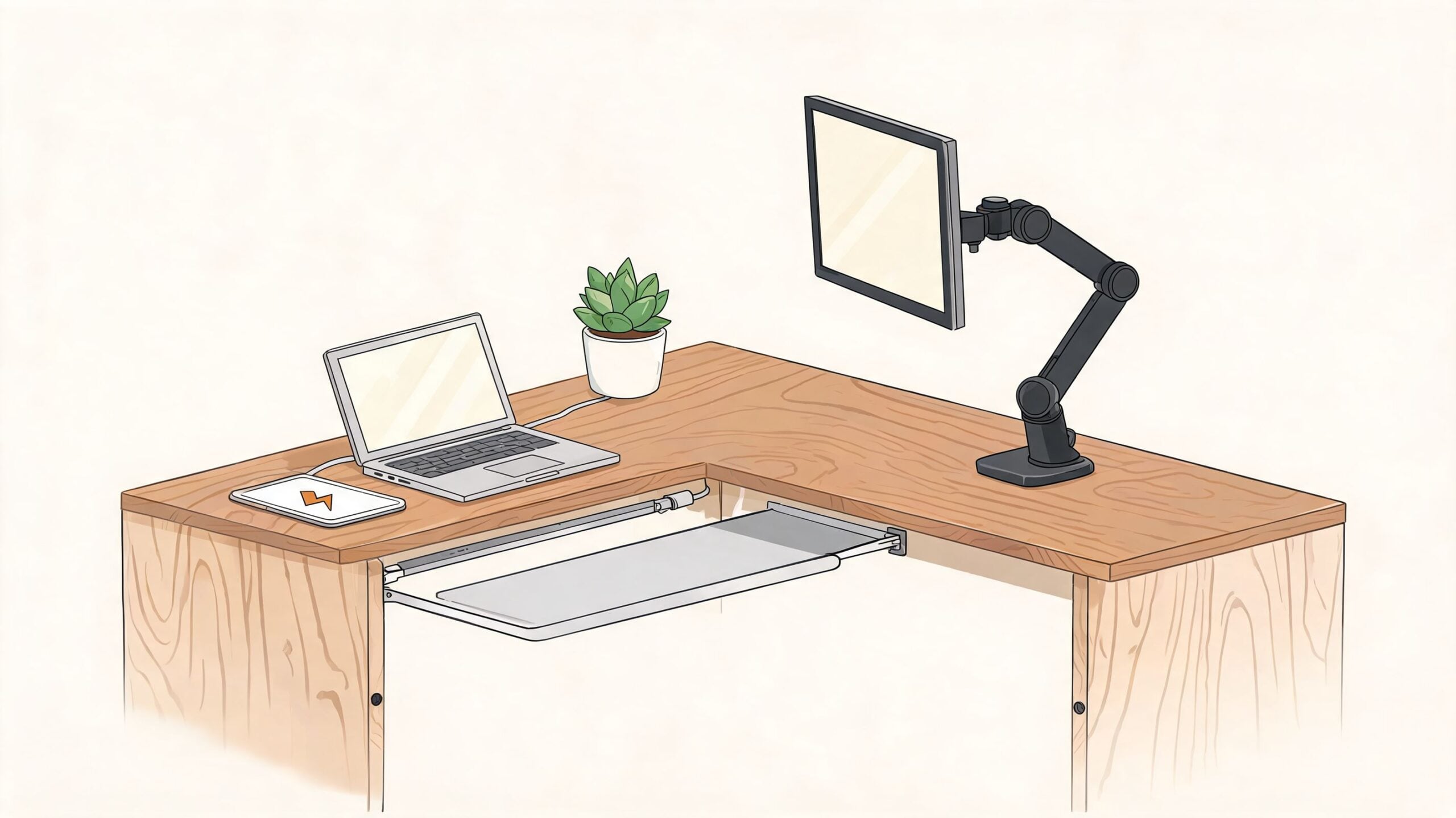 An L-shaped oak desk with a laptop, monitor arm, and keyboard tray in a minimalist home office.