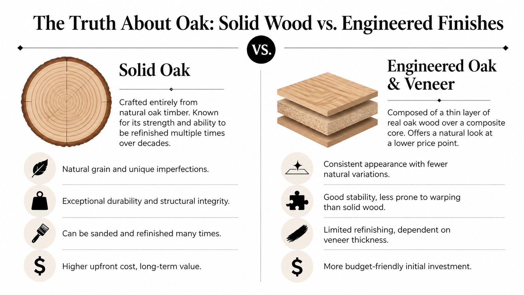 A comparison infographic between solid oak wood and engineered oak veneer, detailing their durability, refinishing capabilities, and cost.