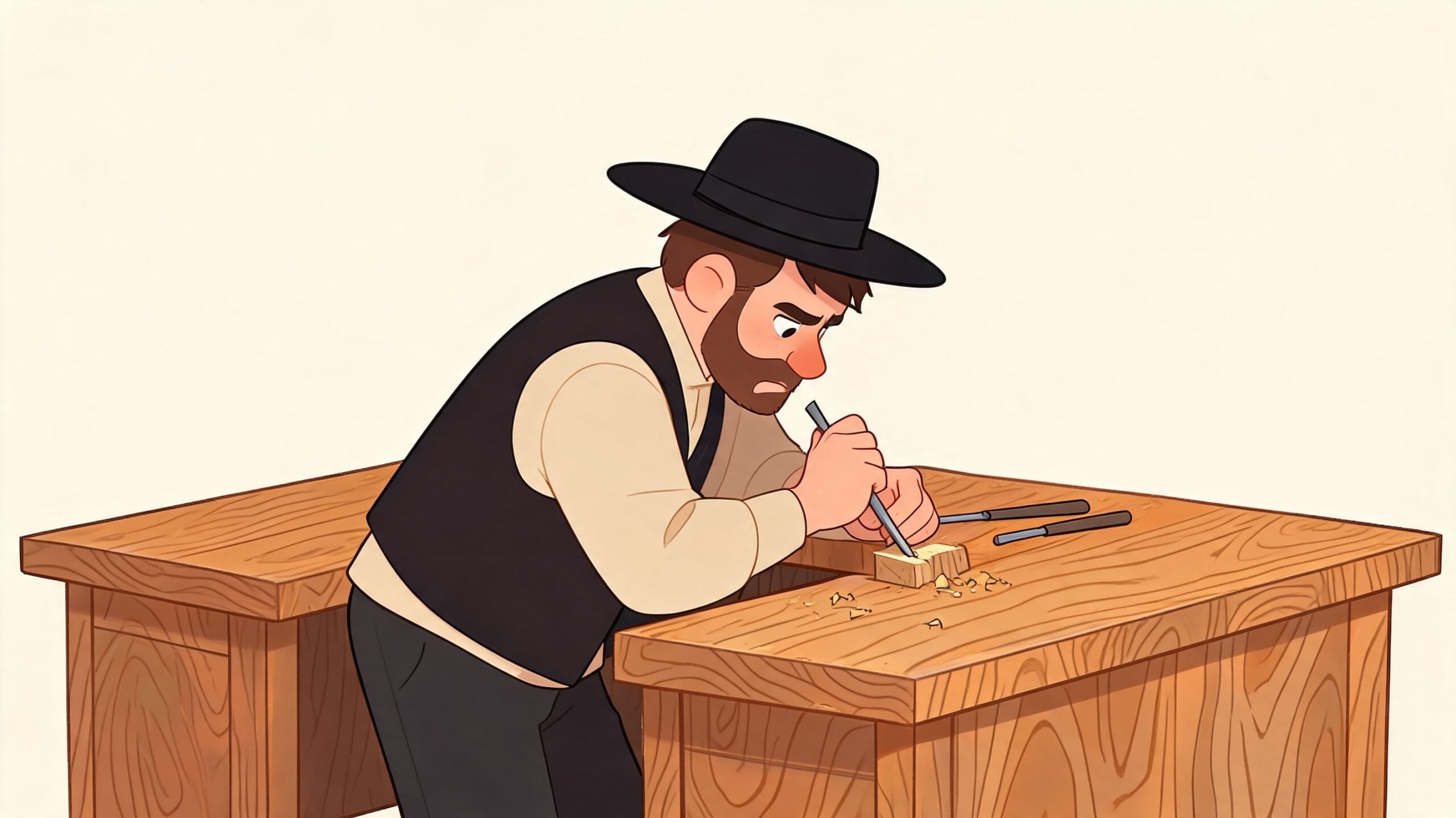 A cartoon woodworker carving a small piece of wood on an l-shaped oak desk workspace.