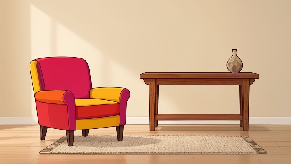 A colorful red, orange, and yellow armchair next to a decorative vase, on a rug.