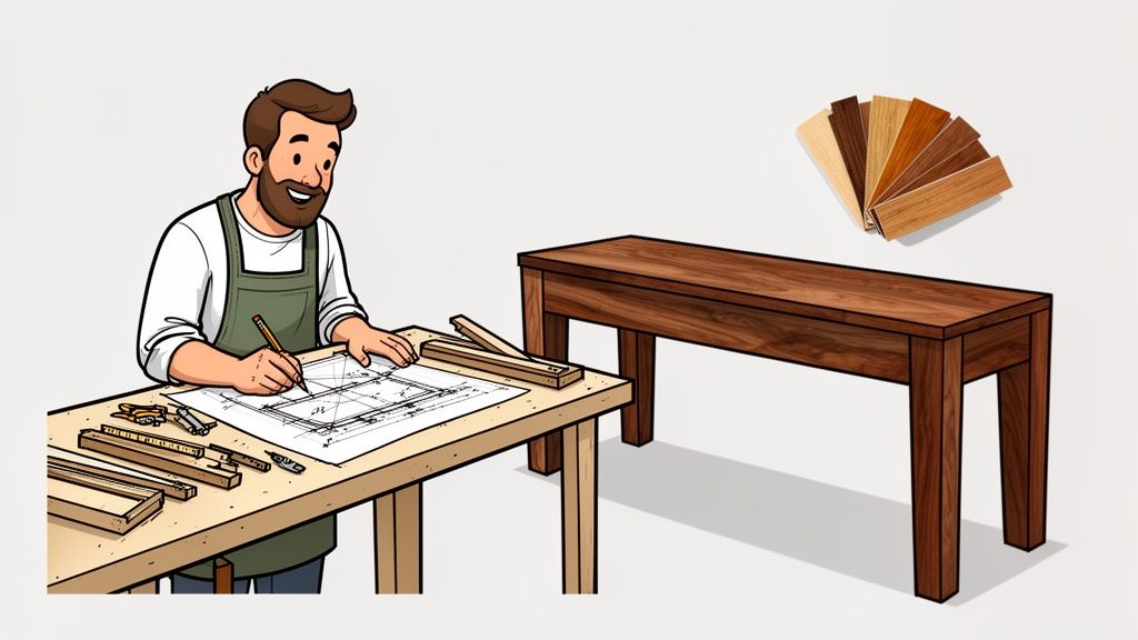 A smiling carpenter draws plans for wooden furniture on a workbench, with wood samples and a finished bench nearby.