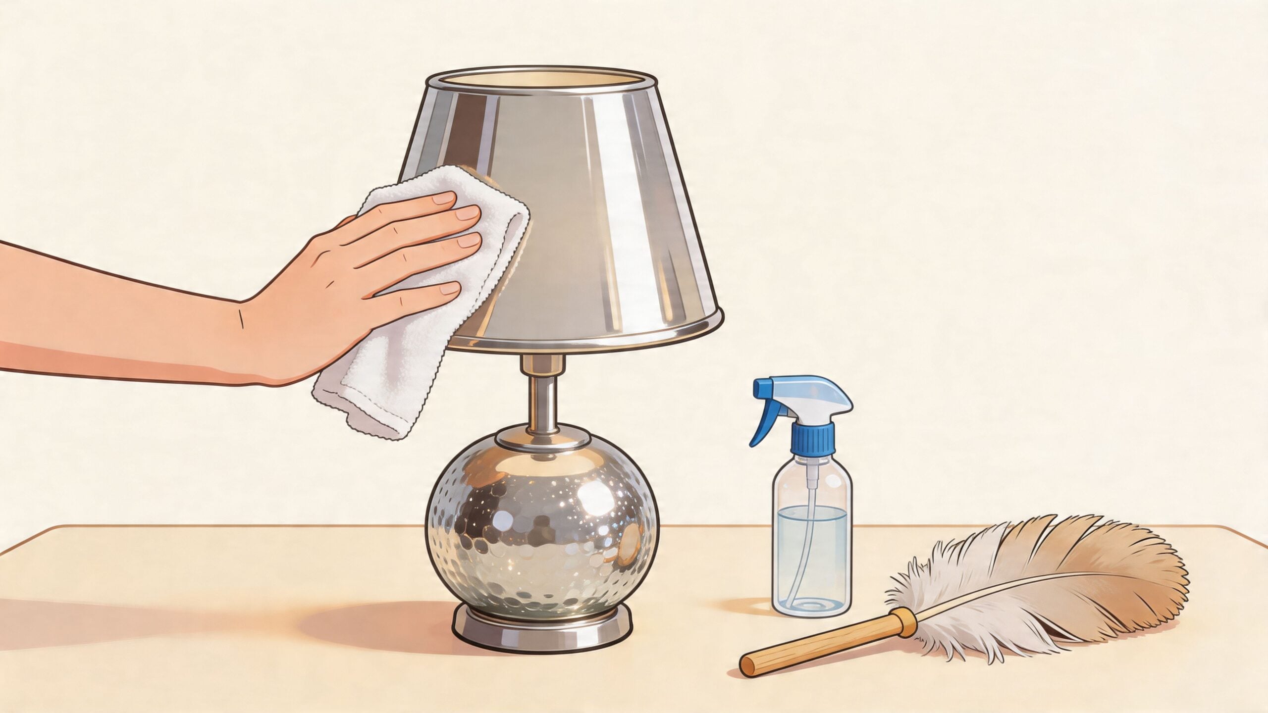A hand wiping a reflective mercury glass table lamp with a white cleaning cloth beside a spray bottle.