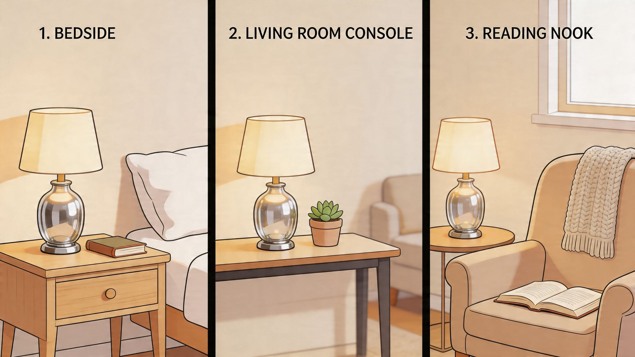 Three examples showing how to style mercury glass table lamps in bedside, console, and reading nook settings.