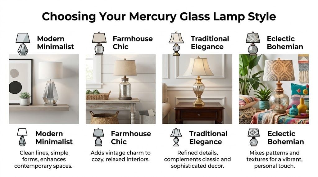 An infographic showing four different mercury glass lamp styles including Modern Minimalist, Farmhouse Chic, Traditional, and Eclectic.