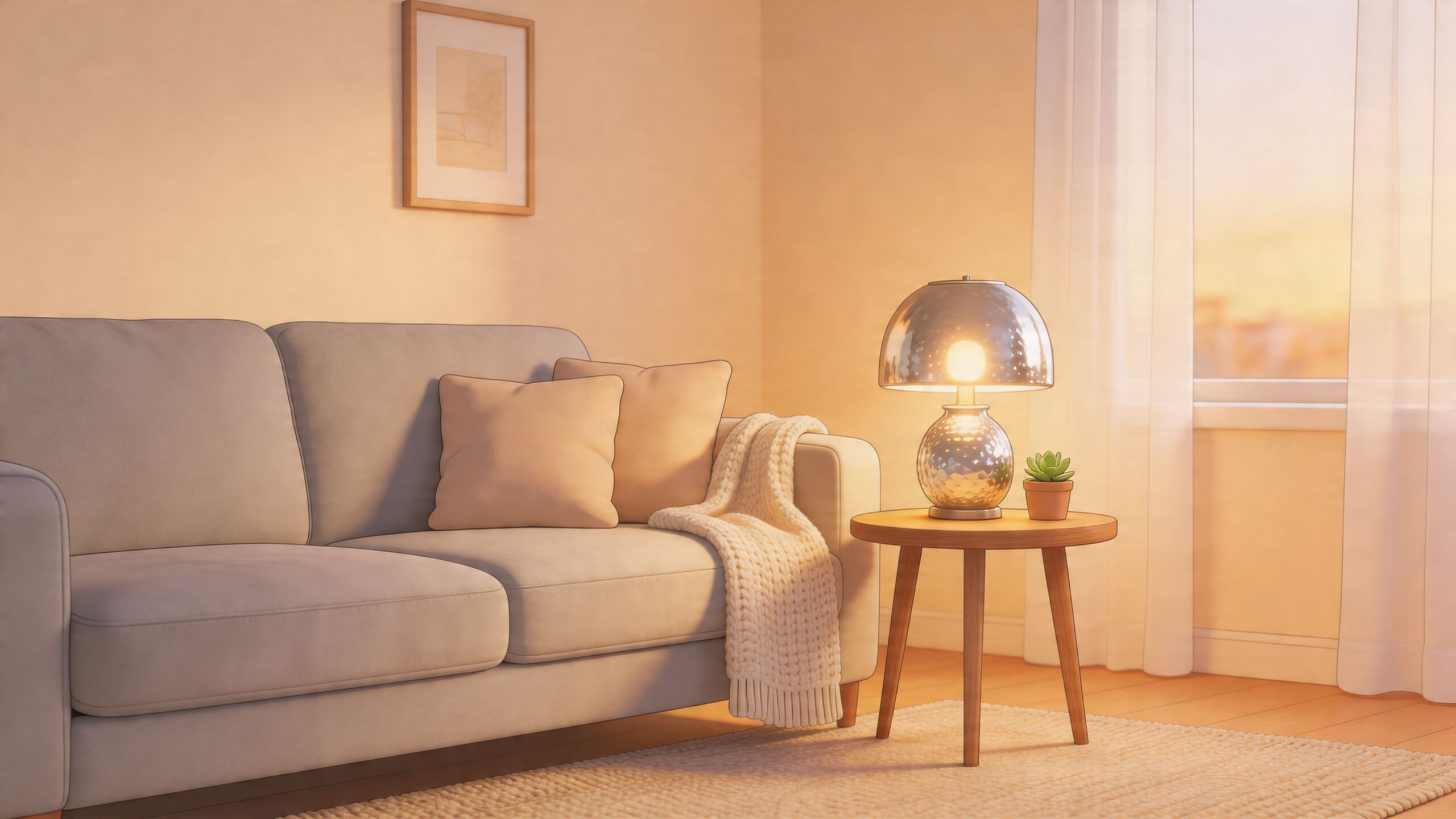 A cozy living room featuring a comfortable light-colored sofa, a textured throw, and a stylish lamp.