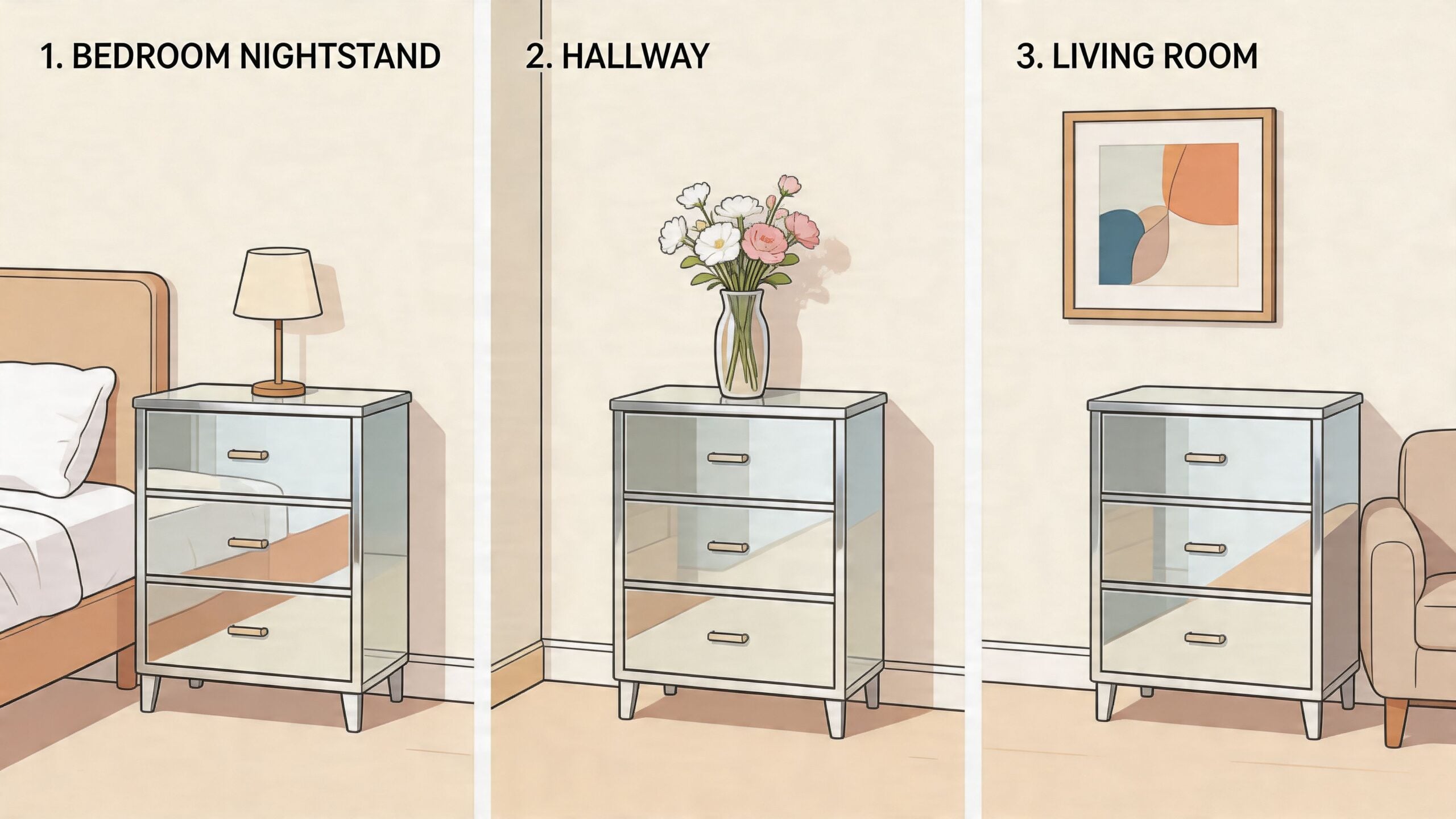 A split image showing the same mirrored chest of drawers styled in a bedroom, hallway, and living room.