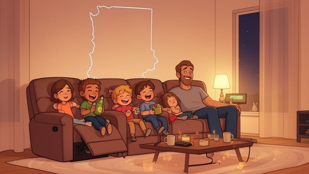 A smiling father and four happy children sitting together on a comfortable brown reclining console sofa.