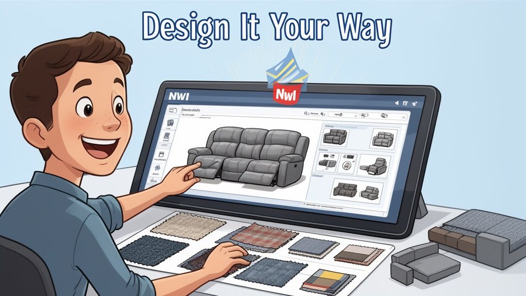A cartoon man designing a custom reclining console sofa using a computer interface and fabric swatches.