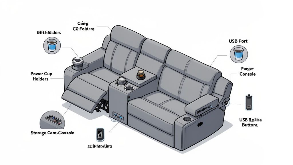 A gray reclining console sofa featuring integrated cup holders, USB ports, and central storage compartments.